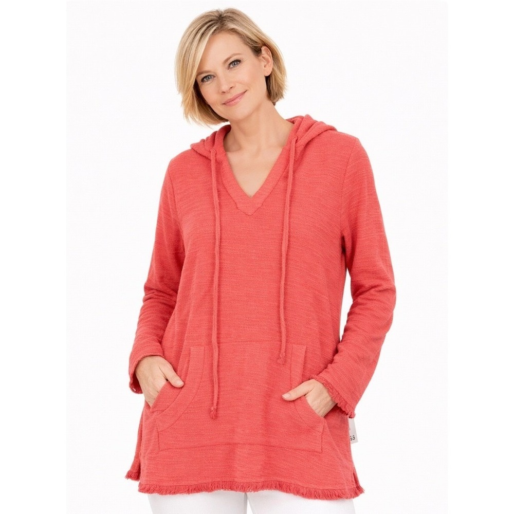 Crown & Ivy Hoodie Women XS Coral New Montauk Weekend Athleisure Fringe Cotton